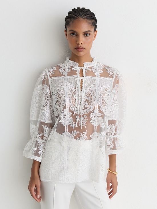 Reiss Tops - Reiss Ivory Demi Sheer Lace Tie-Neck Blouse, 2 4 6 8